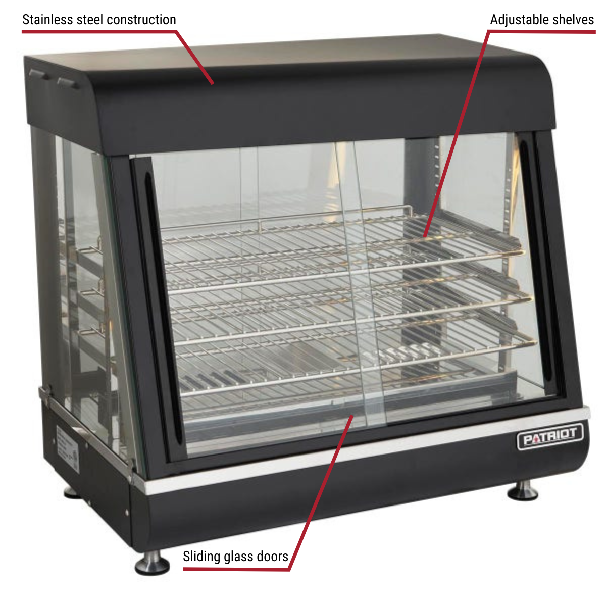 Patriot PT-R60-2C Heated Pass-Thru Merchandiser 26"W With Callouts to Stainless Steel Construction, Adjustable Shelves, Sliding Glass Doors