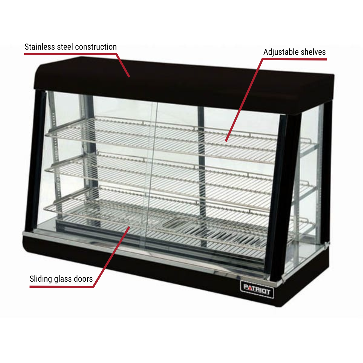Patriot PT-R60-3C Heated Pass-Thru Merchandiser 47-1/4"W With Callouts to Stainless Steel Construction, Adjustable Shelves, Sliding Glass Doors