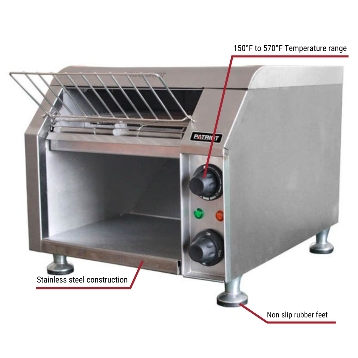 Patriot PT-TT-300 300 Slices/Hour Conveyor Toaster 10"W Belt Callouts to 150 to 570 Degree Temp Range, Stainless Steel Construction, Non Slip Rubber Feet
