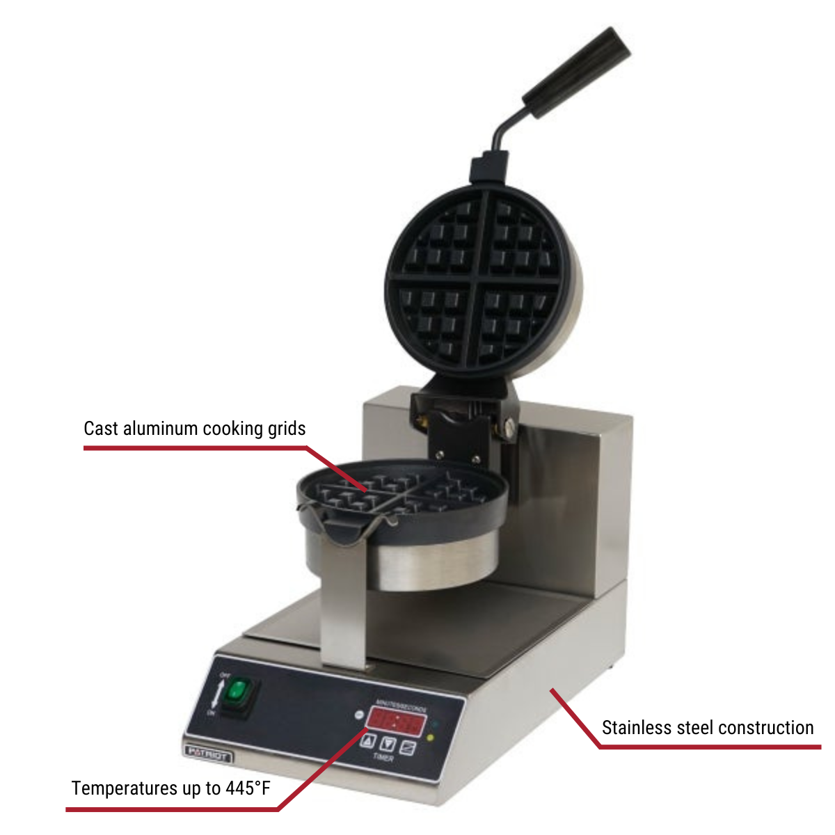 Patriot PT-UWB-03 120V Single Belgian Waffle Maker With Callouts to Cast Aluminum Cooking Grids, Stainless Steel Construction, Temps Up to 445 Degrees
