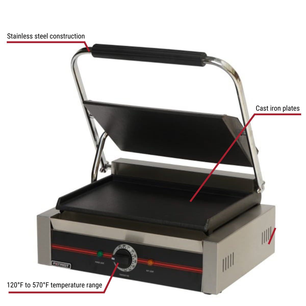Patriot PT-GH-811E/F 13-1/4" x 9-1/4" Smooth Surface Sandwich Grill With Callouts to Stainless Steel Construction, Cast Iron Grates, 120 to 570 Degree Range