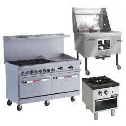 A stainless steel six burner range with a griddle, an Imperal brand wok range, and a Patriot one burner stock pot range.