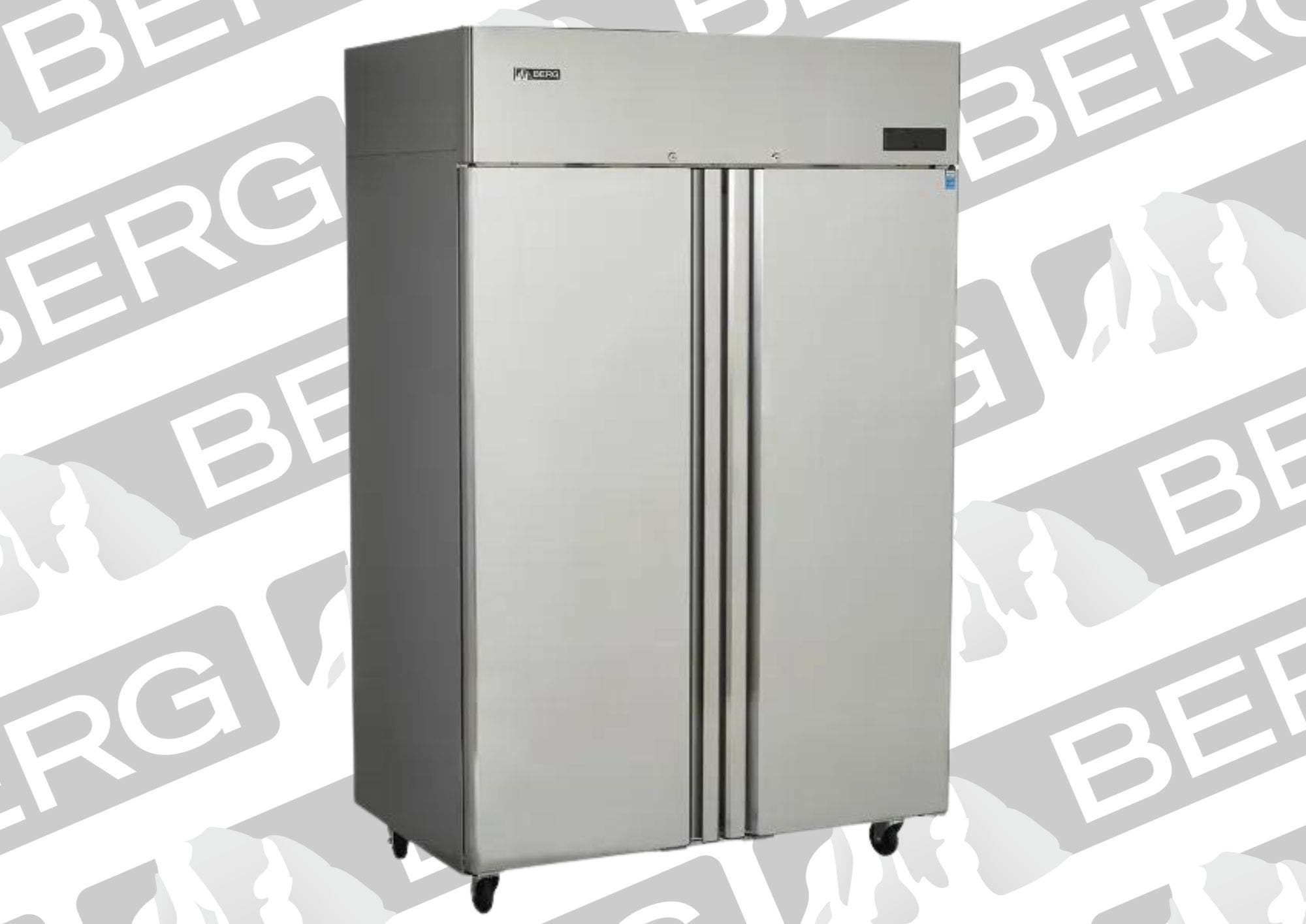 An image of a stainless steel silver colored Berg Reach-in Refrigerator on a background of Berg brand logos