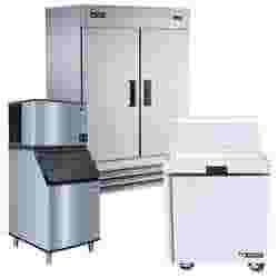 A Manitowoc ice machine and ice bin, a two door stainless steel argus reach-in refrigerator, and a 27" wide berg sandwich prep table with a stainless steel exterior and white cutting board.