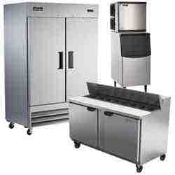 A two-door bottom mount reach-in refrigerator, an ice machine with an ice bin, and a refrigerated prep table.