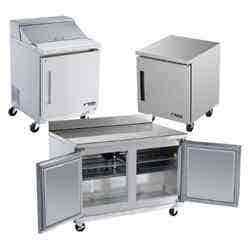 Stainless steel commercial-grade refrigeration equipment for food trucks. Pictured are a 27-inch sandwich prep table, a 48-inch worktop refrigerator, and a 27-inch undercounter freezer.