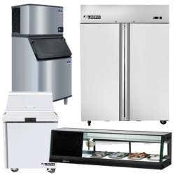 A Manitowoc ice maker and ice bin, a two-door Berg refrigerator, a Berg 27" prep table, and a Turbo Air sushi case.