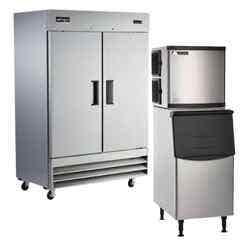 A two door reach-in Atosa refrigerator and a Berg Ice machine on a Berg ice bin.