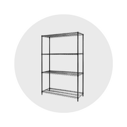 Black epoxy coated wire shelving unit  with four shelves.