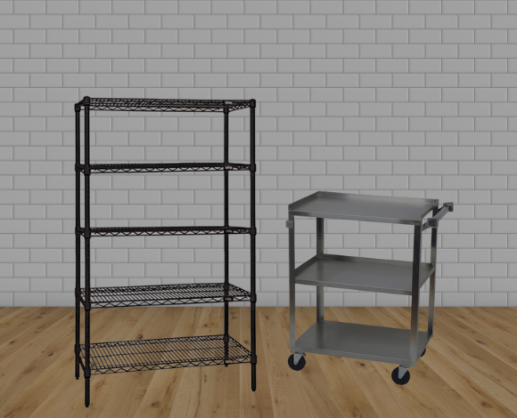 A black epoxy coated wire shelving kit and a stainless steel bus cart.