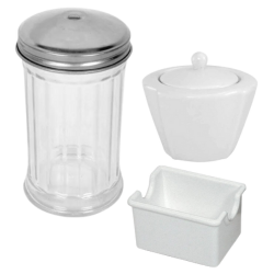 A 12 oz. glass sugar pourer with center pour, a white plastic sugar packet caddy, and a 10 oz. white round sugar bowl.