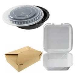 A round plastic container with a black bottom and clear top, a brown waxed cardboard folded takeout container, and a white foam clamshell takeout container.