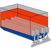 A wire frame drawing of an tube-style fryer with the hot oil zone colored red and the sediment zone blue.