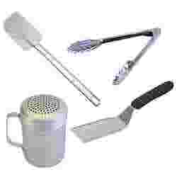 A rubber spatula, stainless steel tongs, a stainless steel dredge, and a stainless steel turner with a black handle.