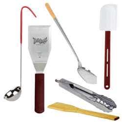 A stainless steel ladle with a red epoxy handle, a turner with a red handle, a wok shovel with a bamboo handle, a wooden stiring paddle, stainless steel tongs, a high temperature rubber spatula.