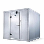 Silver metal walk-in cooler with latched door closed.