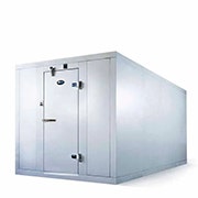 Silver metal walk-in cooler with latched door closed.