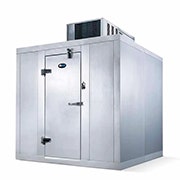 Silver metal walk-in cooler with latched door closed.