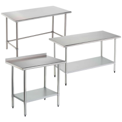 A stainless steel open base work table, a stainless steel work table with an undershelf, and a stainless steel worktable with an undershelf and a four inch backsplash.