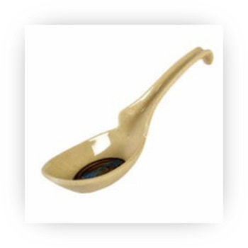 Ceramic Asian soup spoon with curved handle and deep bowl for serving.
