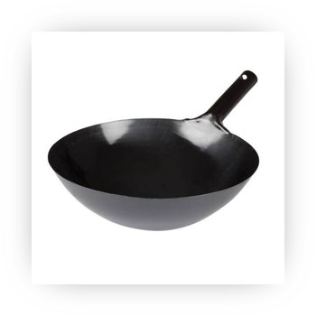 Black commercial carbon steel wok with riveted handle for high-heat cooking.