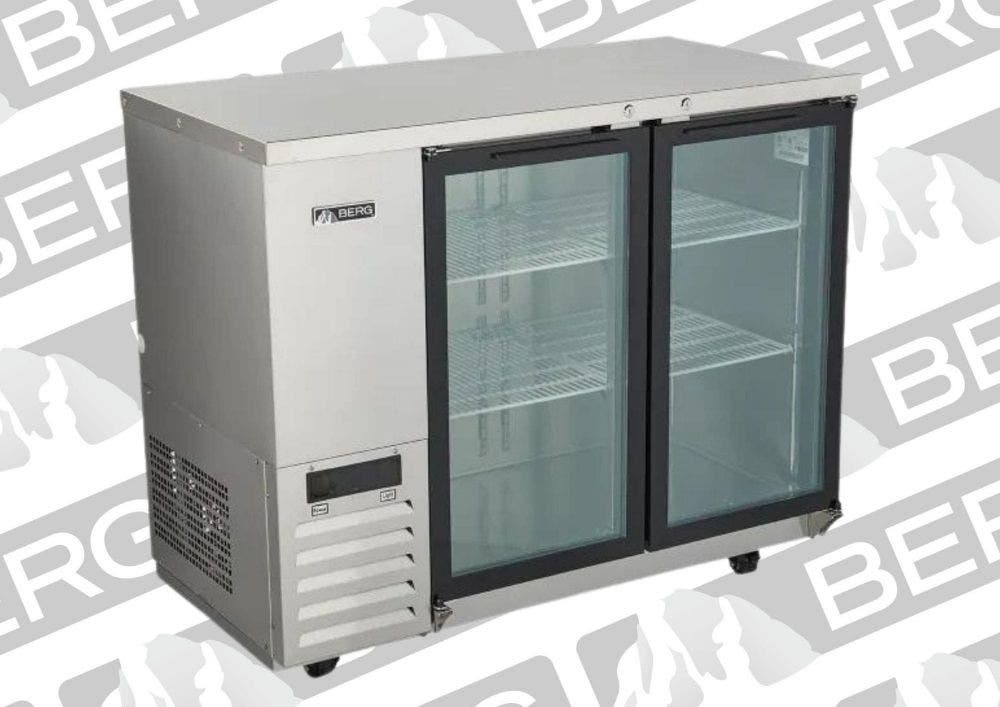 A silver colored stainless steel back bar cooler with two glass doors on a background of berg brand logos.