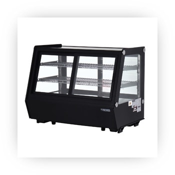 Black refrigerated bakery display case with sliding glass doors