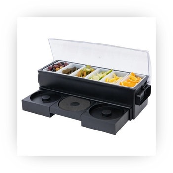 Black bar condiment center with garnish trays and dual juice holders