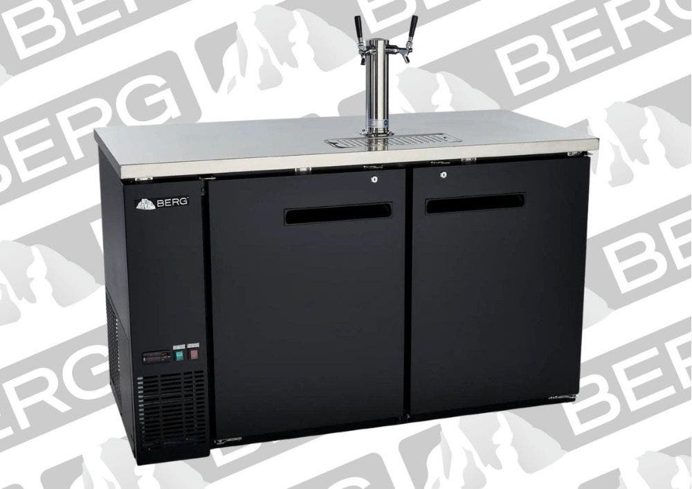 A black two-door beer dispenser that holds two kegs. It has a silver-colored stainless steel top with a two spout dispenser tower.