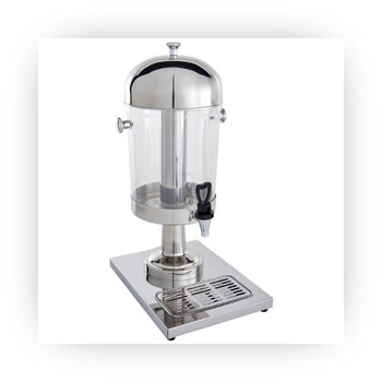 Stainless steel and clear beverage dispenser with spigot and drip tray for cold drinks.