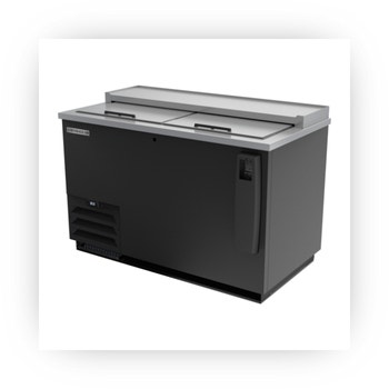 Black commercial bottle cooler with sliding lids for bar and restaurant use.