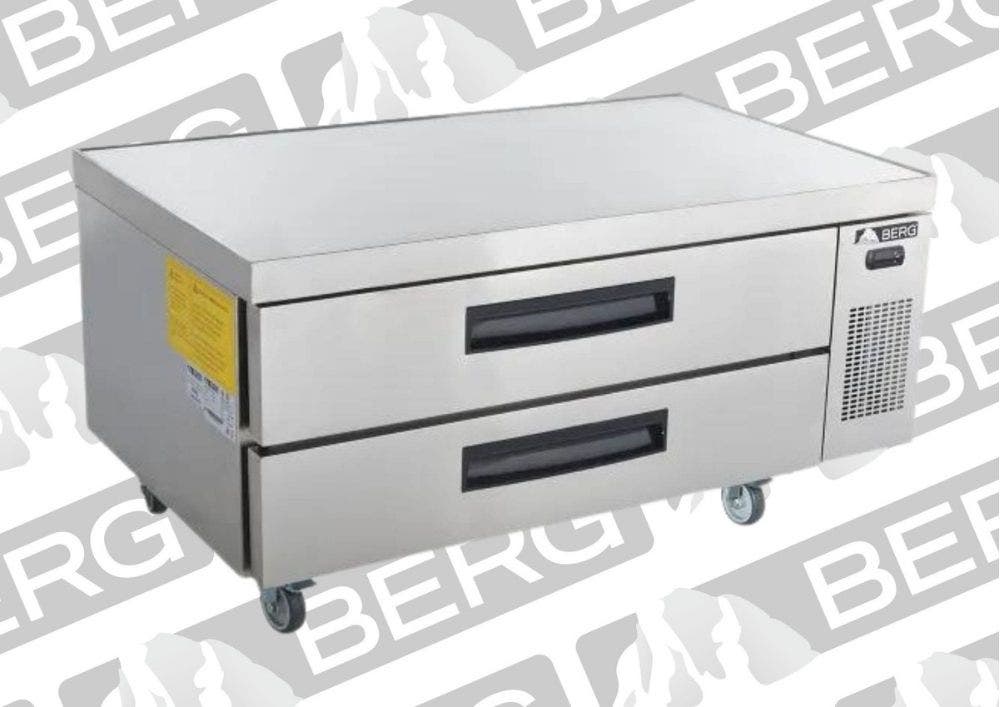 A silver-colored stainless steel refrigerated chef base with two drawers.