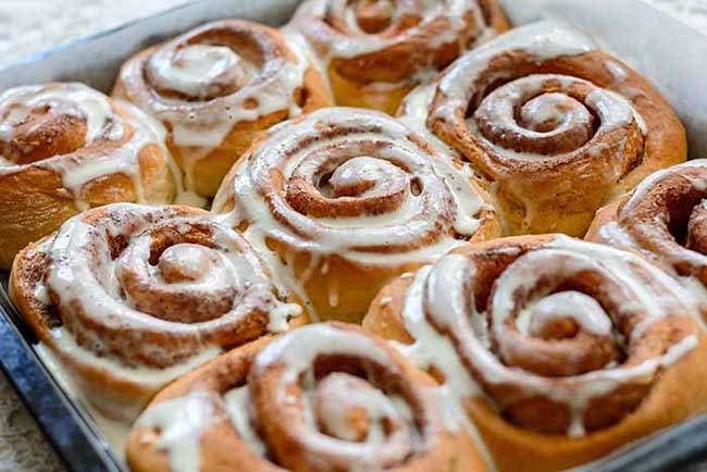 Fresh homemade cinnamon rolls or cinnamon buns.