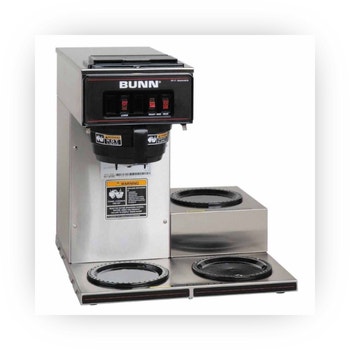 Bunn commercial coffee brewer with dual warmers and stainless steel base.