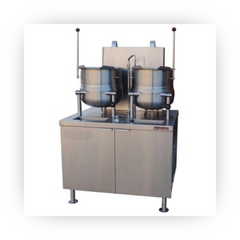 Double compartment commercial food steamer with stainless steel cabinet.