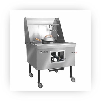 Commercial wok range with wok burner, faucet, and stainless construction.