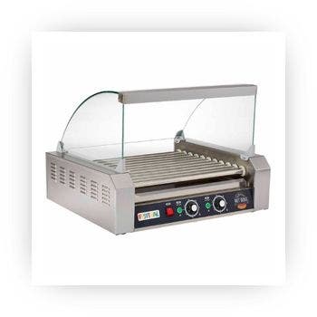 Electric hot dog roller grill with glass sneeze guard and temperature controls.
