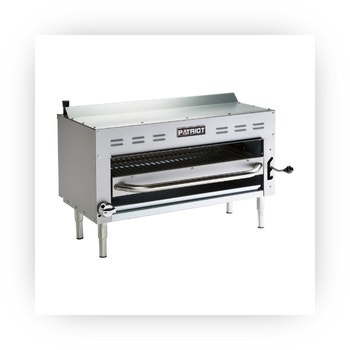 Commercial countertop gas broiler with adjustable grill and drip tray.