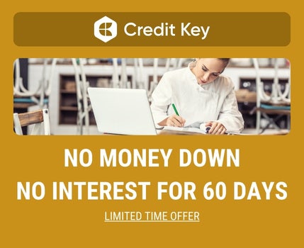 Credit Key logo with an image of a male chef ordering kitchen products online. All on a yellow background. With text "no money down, no interest for 60 days, limited time offer".