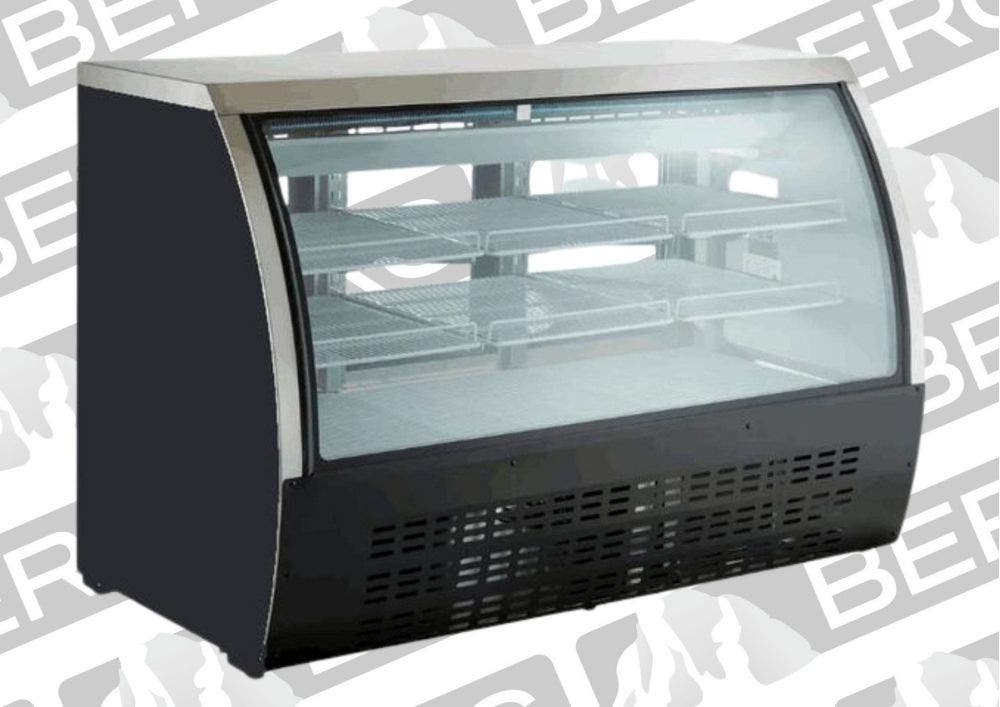 A black sided Berg refrigerated Deli Case with a silver-colored stainless steel top and a curved glass front.