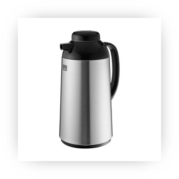Stainless steel hot drink holder/pitcher with black handle and pourer.