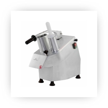 Heavy-duty commercial food processor with safety guard and dual feed chute.