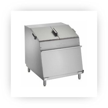 Stainless steel chip watmer with sliding lid for restaurant stations.