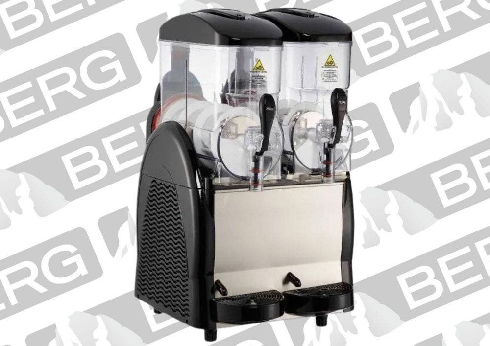 A black two-bowl frozen beverage dispenser with a stainless steel front.