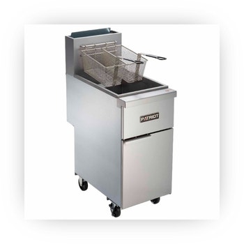 Patriot commercial gas deep fryer with twin fry baskets and stainless cabinet.