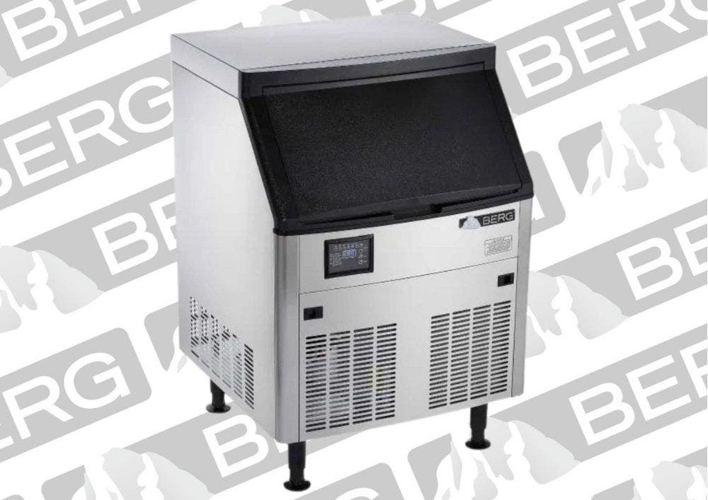 An silver-colored stainless steel Berg undercounter ice machine on a background of Berg brand logos.