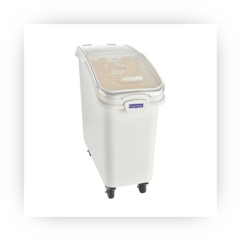 Ingredient storage bin with sliding lid and scoop holder on casters