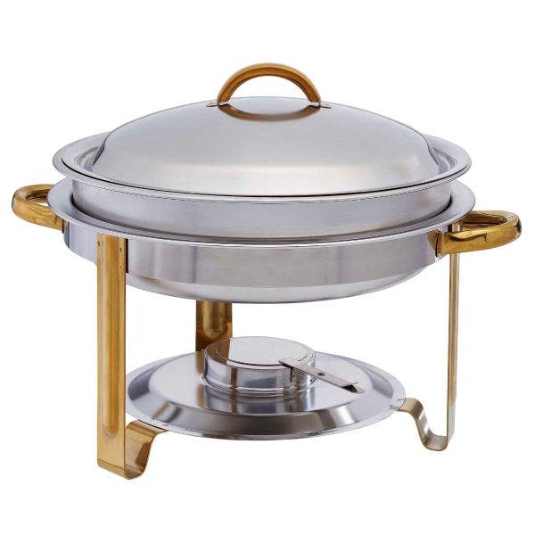 Bradford Hall 4-Quart Round Stainless Steel Chafer with Gold Plated Accents