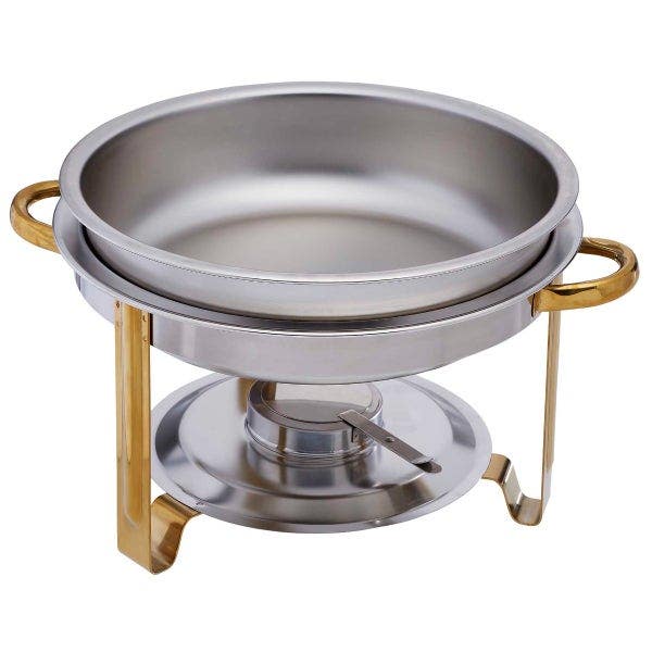 Inside of Bradford Hall 4-Quart Round Stainless Steel Chafer with Gold Plated Accents