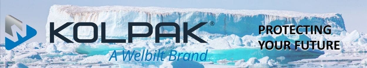 Kolpak a Welbilt Brand superimposed over a photograph of an iceberg floating in water. Protecting your future written on the right side of the image.